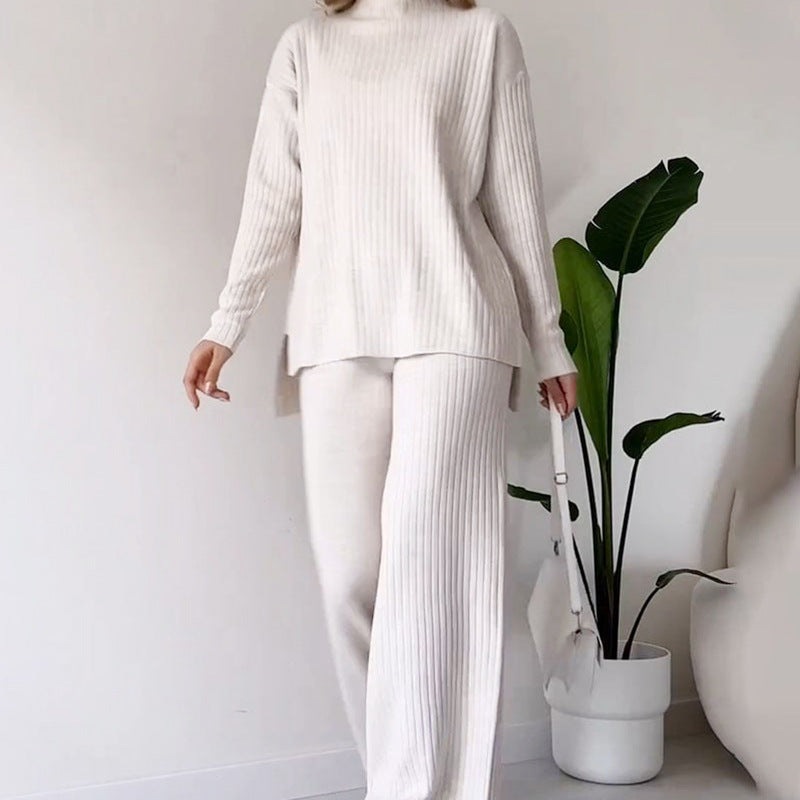 Chic Knit Turtleneck Set with Long Sleeves & Straight Pants