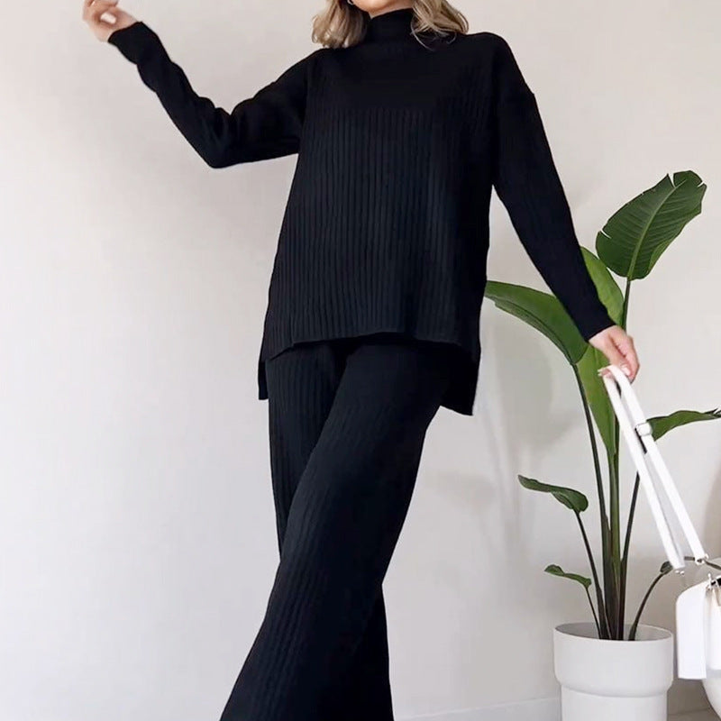 Chic Knit Turtleneck Set with Long Sleeves & Straight Pants