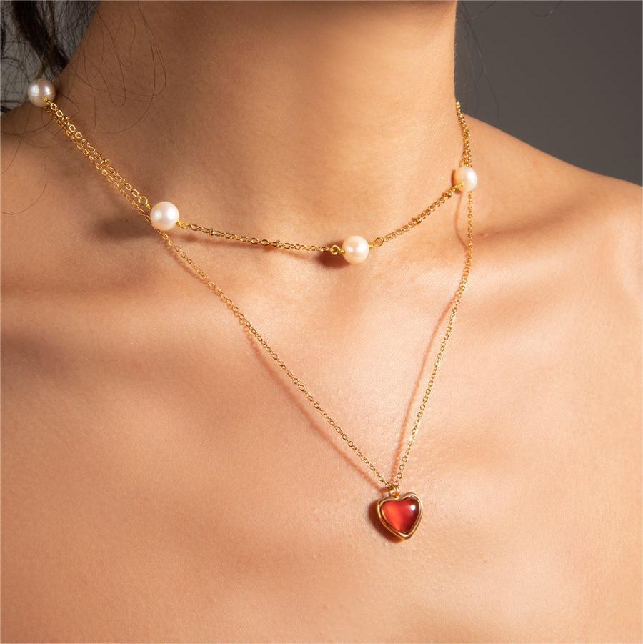 Titanium Steel Heart-Shaped Red Agate Pendant Necklace – Natural Stone & High-Color Sweater Chain