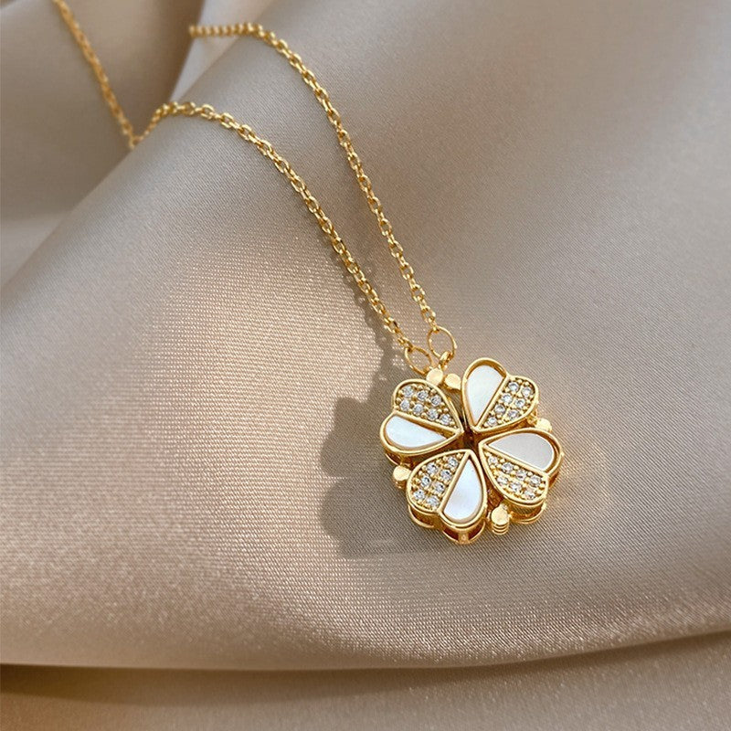 Luxury Four-Leaf Clover Necklace – Crystal Heart Pendant for Women