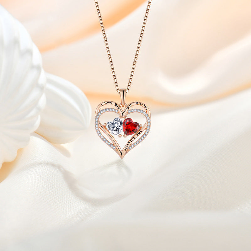 Silver Double Heart Necklace with Rhinestones – Perfect Valentine's Day Gift