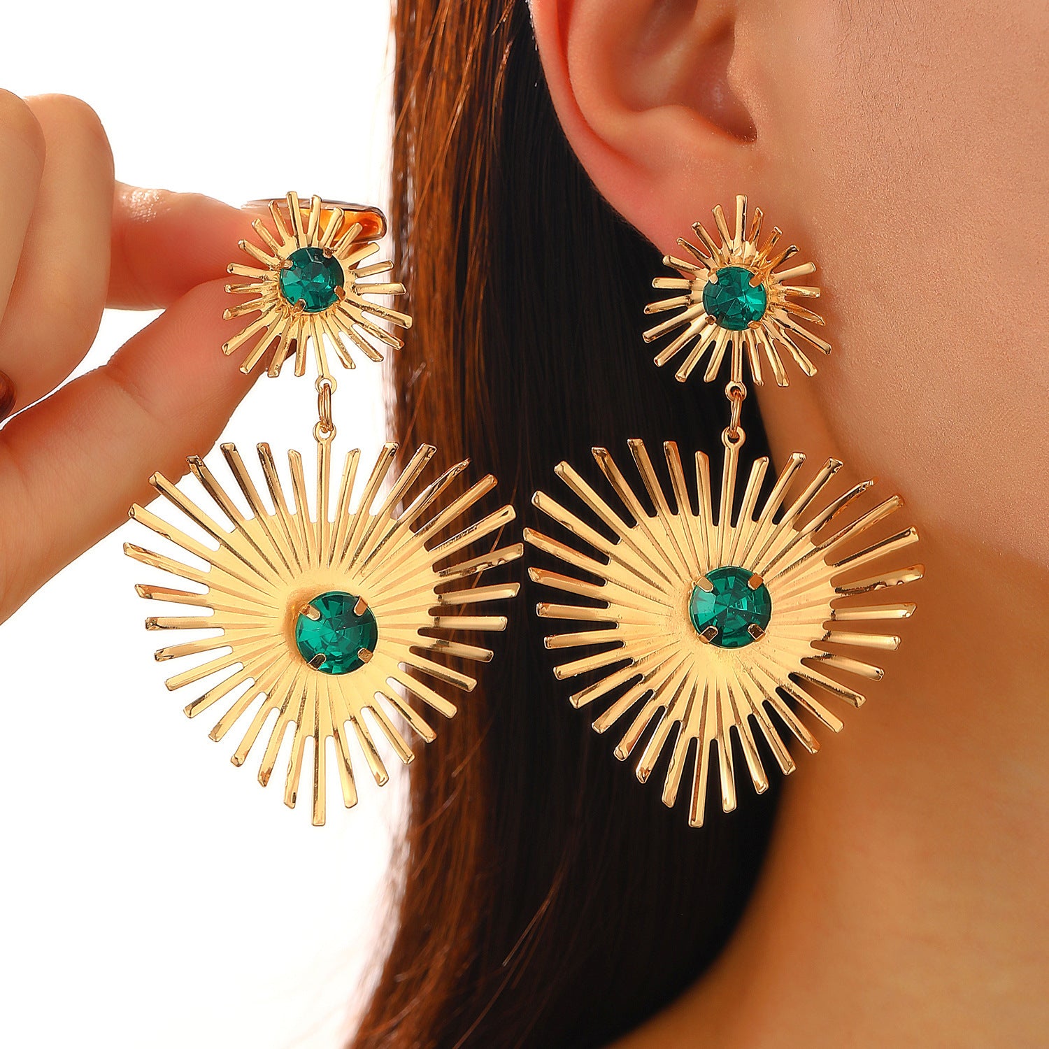 Bohemian Sunflower Heart Earrings with Rhinestones – Exaggerated Love Jewelry for Women