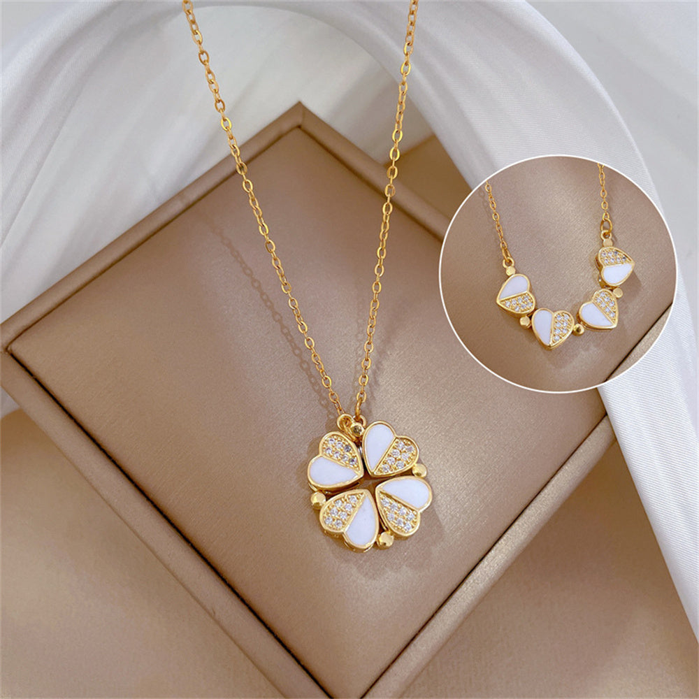 Luxury Four-Leaf Clover Necklace – Crystal Heart Pendant for Women