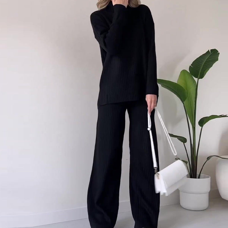 Chic Knit Turtleneck Set with Long Sleeves & Straight Pants