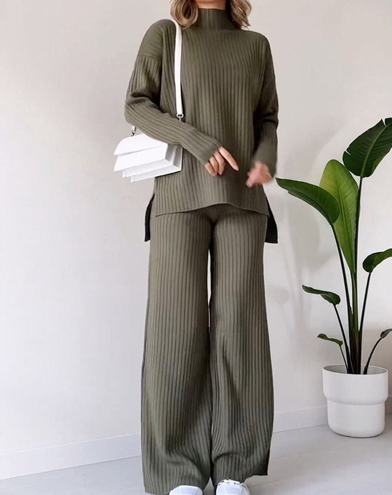 Chic Knit Turtleneck Set with Long Sleeves & Straight Pants